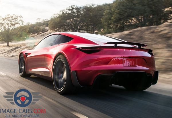 Rear view of Tesla Roadster of 2018 year