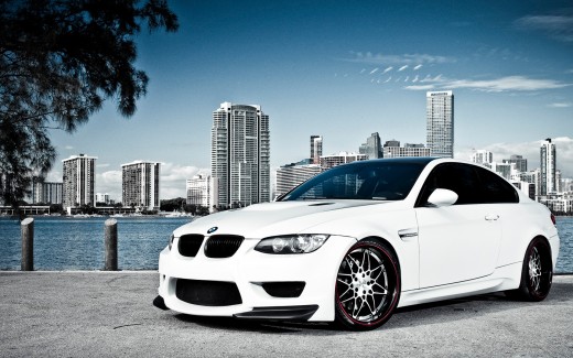 White BMW M3 Over Miami Wallpaper